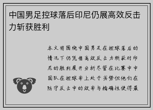 中国男足控球落后印尼仍展高效反击力斩获胜利 中国男足控球落后印尼仍展高效反击力斩获胜利