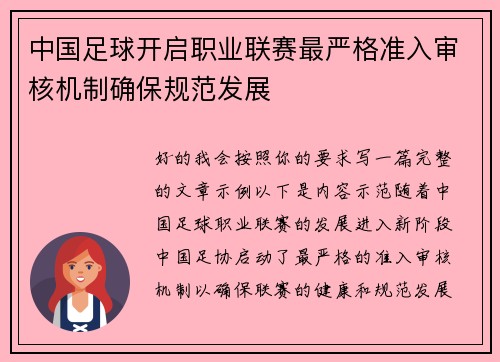 中国足球开启职业联赛最严格准入审核机制确保规范发展 中国足球开启职业联赛最严格准入审核机制确保规范发展